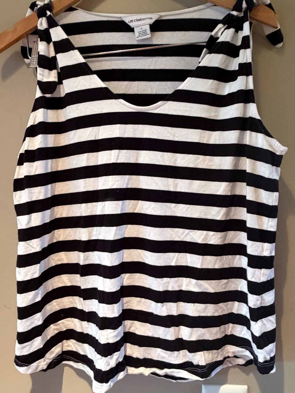 Liz Claiborne Black & White Striped Tie-Shoulder Tank Large